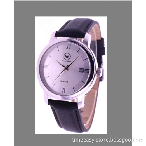 Stainless Steel Watch with Black Real Leather Strap